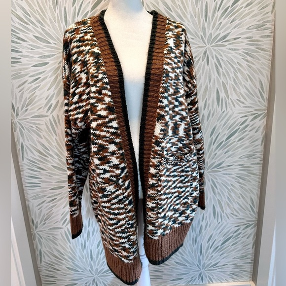 Skies Are Blue Brown and Green Open Front Long Cardigan Sweater Size Large - Picture 1 of 8